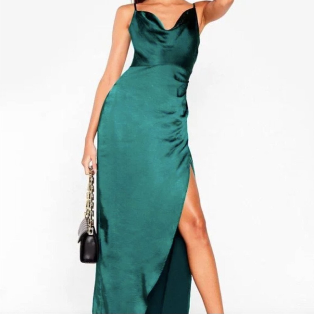 Nasty Gal 4 Emerald Green Satin Silk Evening Dress Cowl Neck Slit Maxi